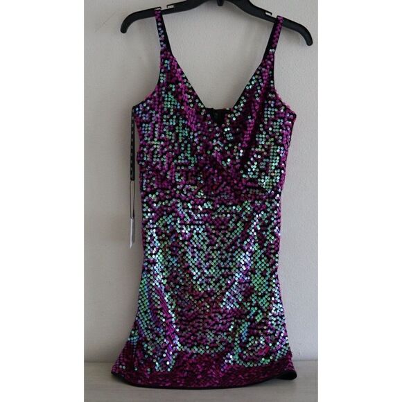 SHO x Tadashi Shoji Sz Medium Hot Pink Sequin Surplice Neck Body-Con Dress - Picture 2 of 16